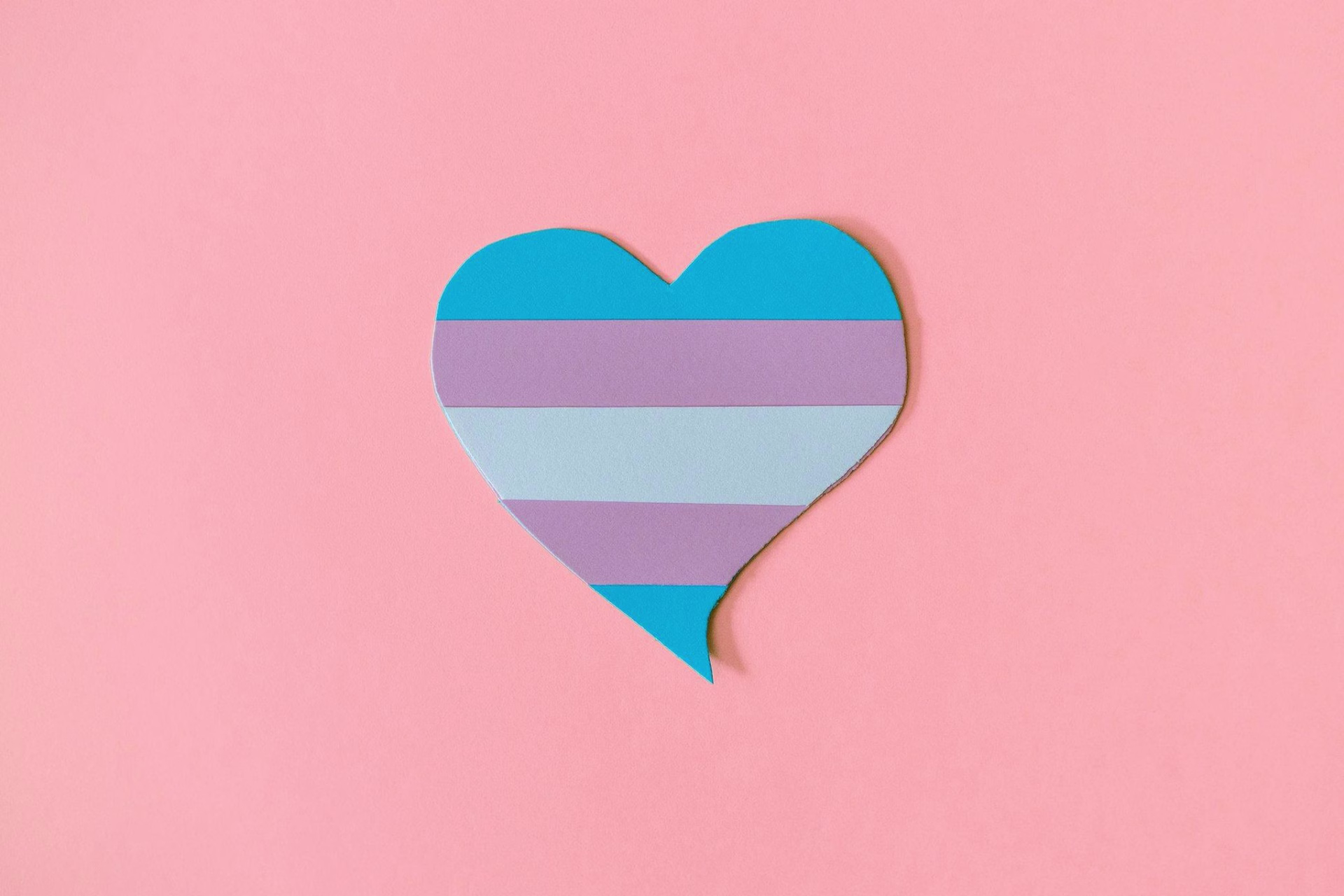 A photo featuring the shape of a heart featuring the colors of the transgender flag, including five horizontal stripes colored with two light blue stripes, two pink stripes, and a white stripe in the center, set against a pink background.