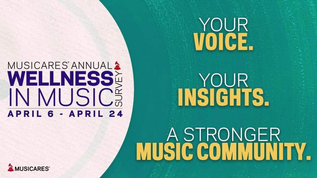 A graphic promoting MusiCares' annual Wellness in Music Survey. The graphic features the MusiCares logo and the words 